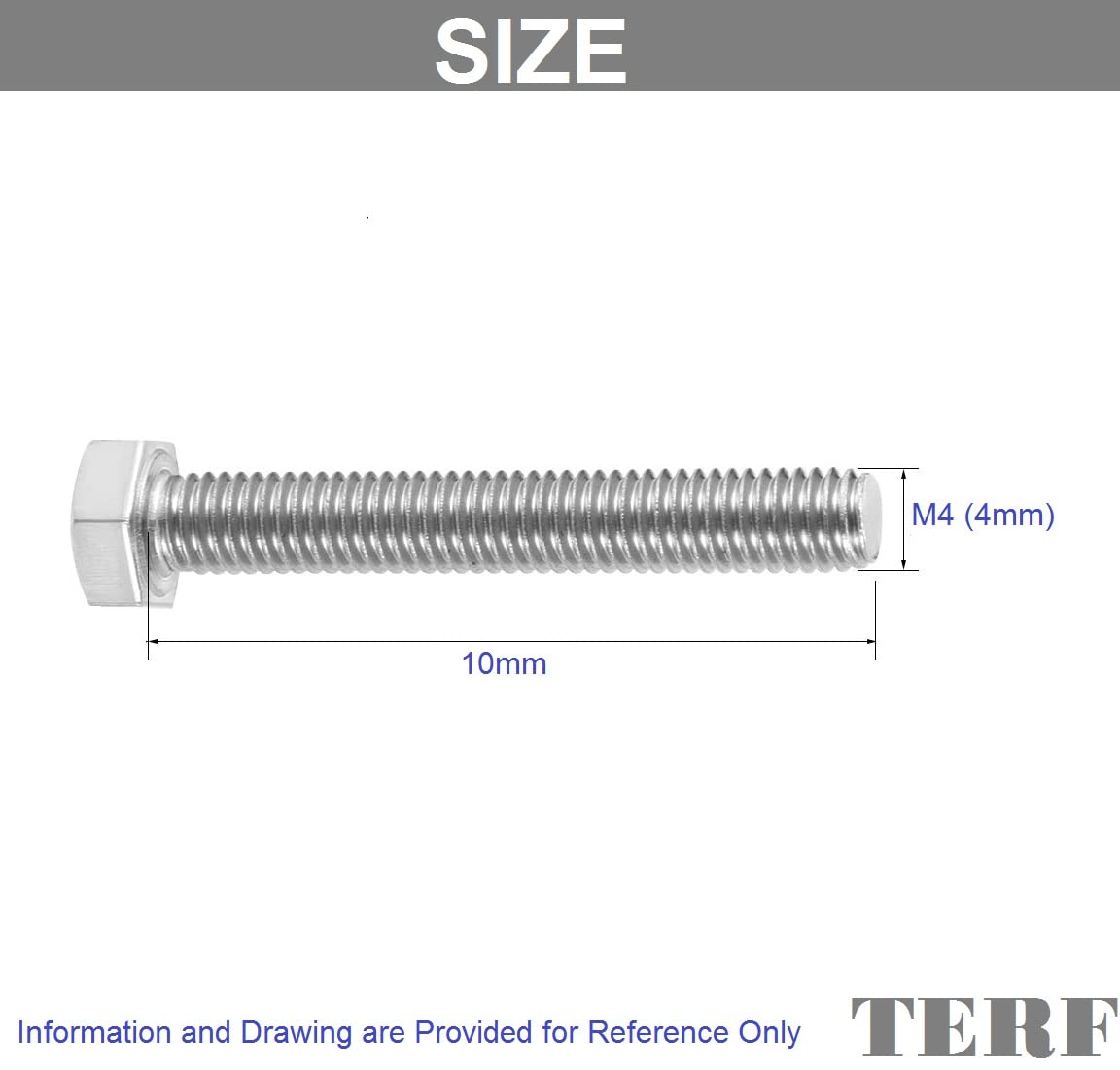 TERF® M4 X 10mm Hex Bolts Fully Threaded Set Screw M4 (4mm) X 10mm Hex Head Cap Hexagonal Bolts - Pack of 50 - Image 3