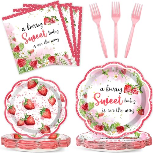Image of Qyeahkj 100 Pcs Strawberry Baby Shower Party Plates Napkins Forks Supplies Set Sweet Berry Tableware Party Supplies A Berry Sweet Baby Is On The Way Strawberry Dinnerware Decorations Favors Serve 25