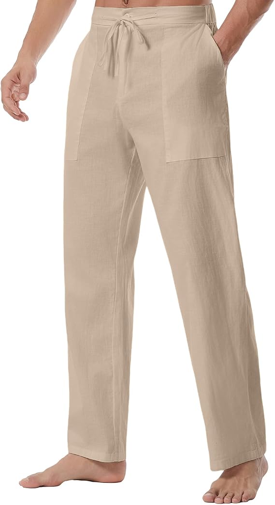 Wangdo Men's Linen Pants Casual Beach Yoga Baggy Trousers Summer Lightweight Elastic Drawstring Waist Pants with Pockets