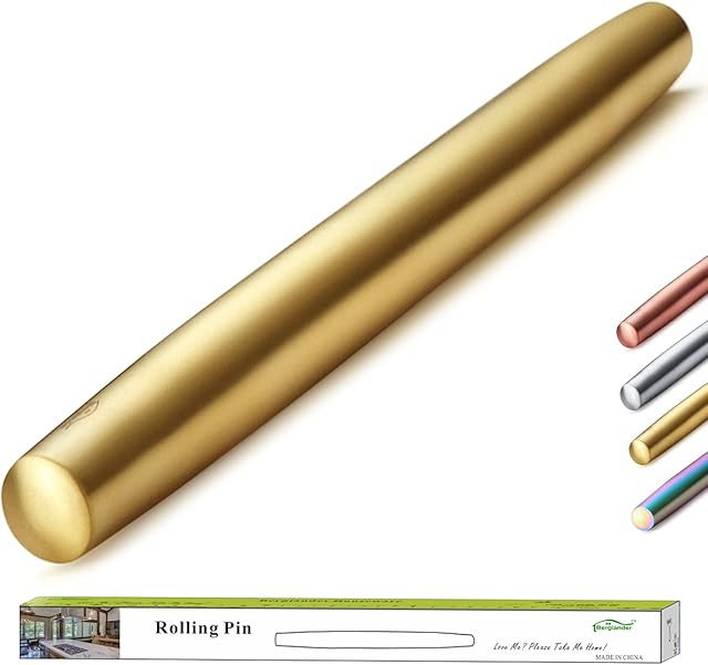 Berglander Stainless Steel Rolling Pin Matte Finish with Gold Titanium Plating for Baking Pizza Dough, Pie, Cookie, Essential Kitchen Utensil Gift Ideas Gor Bakers.
