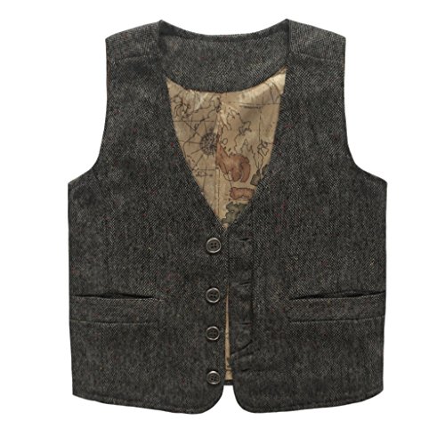 Coodebear Boys' Girls' Map Lined Pockets Buttons V Collar Vests Deep Grey Size 8T