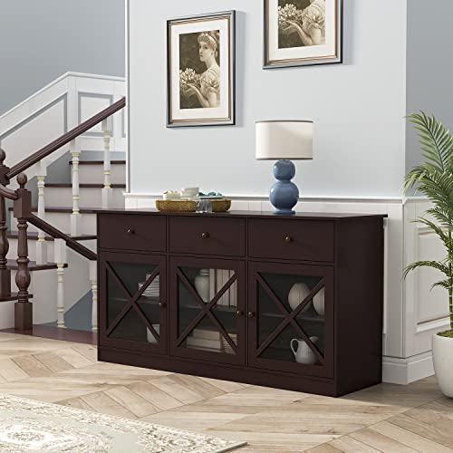 Ecacad Modern Wood Sideboard Buffet Storage Cabinet With 3 Acrylic Glass Doors, 3 Drawers & 6 Compartments, Kitchen Cupboard Console Table For Living Room, Espresso (62”L X 17.5”W X 32.9”H) #TOP2