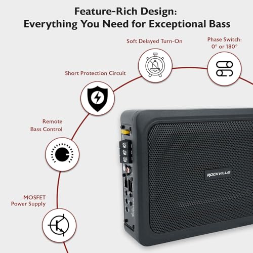 Image of Rockville RW68CA 6x8 Slim Under-Seat Active Powered Truck /Car Subwoofer | 400W Peak /100W RMS, Truck Compatible, Bass Knob, RCA & High Level Inputs, Low-Pass Filter, Phase Control, Aluminum Enclosure