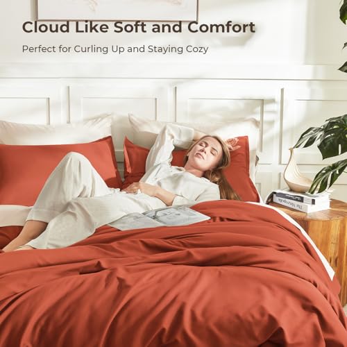 Image of Litanika Comforter King Size Bed Set Burnt Orange, 3 Pieces Terracotta Boho Lightweight Fluffy Solid Bedding Comforter Set, Rust All Season (104x90In Comforter & 2 Pillowcases)