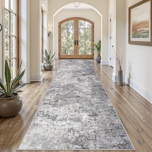 3X12 Washable Runner Rug for Hallway: Soft Neutral Modern Abstract Area Rug - Non-Slip Low Pile Long Throw Indoor Carpet for Kitchen Entryway Kitchen Bedroom Laundry - Grey