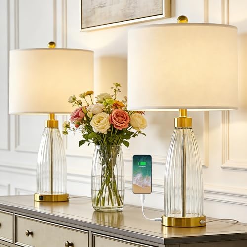 Glass Table Lamps Set of 2 for Living Room, 24" Brass Gold Bedsid...