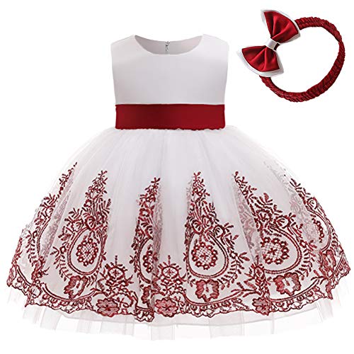 Image of CMMCHAAH 0-6T Baby Girls Pageant Lace Embroidery Dresses Toddler Party Bowknot Tutu Gown Dress with Headwear