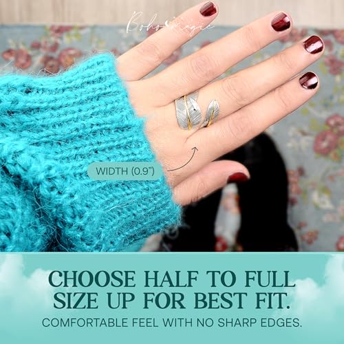 Boho-Magic 925 Sterling Silver and Brass Feather Ring for Women – Adjustable Nature-Inspired Leaf Wrap, Handmade Two-Tone Wide Band Statement Ring – Fits Sizes 7 to 10 – Modern Jewelry2