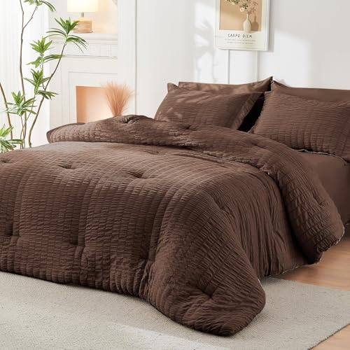Image of HYMOKEGE Dark Brown King Size Comforter Set Seersucker 7 Pieces, All Season Luxury Bed in a Bag for Bedroom, Bedding Set with Comforter, Sheets, Pillowcases & Shams