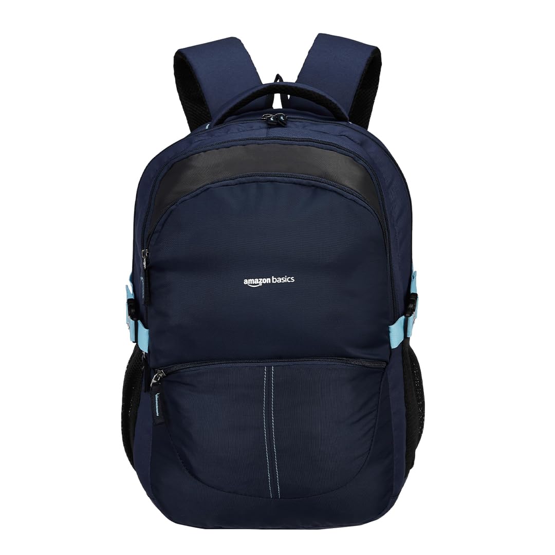 Amazon Basics Casual 29L Backpack with Padded Laptop Sleeve | Backpack for Men & Women | Rain Cover Included | 3 Compartments | Travel Bag for Girls & Boys | (Blue)