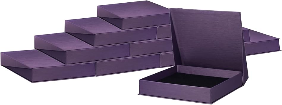 - Case Of 12 - Necklace/Earrings/Ring Box, Multipule Slits For All At Once - Purple Colored - Silk Brushed Cardboard Paper Jewelry Gift Box With Elite Modern Angled Closure, Velvet Topped Foam Interior.