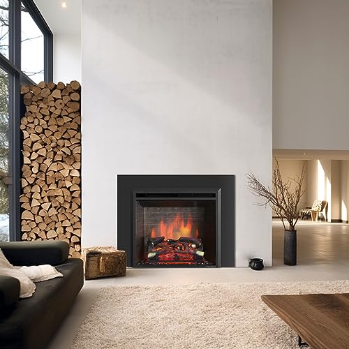 Image of PuraFlame Western 26 inch Electric Fireplace Insert with Trim Kit, Fire Crackling Sound, Resin Log, Remote Control, 750 /1500W Heater, Black