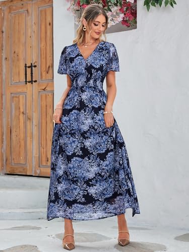 Image of Simplee Women's Boho Floral Maxi Dress Flowy Casual V Neck Short Sleeve Wedding Guest Holiday Beach Long Dress