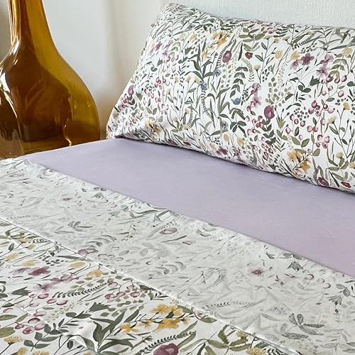 Juego de Sábanas Blancas100% Algodón Estampado Flores Primavera Violeta – 3 o 4 Piezas (Bajera + Encimera + 1 o 2 Fundas de Almohada) – Suave, Transpirable y Alegre – Varios Tamaños (Cama 90 CM)