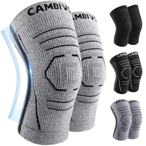 CAMBIVO 2 Pack Knee Brace for Women & Men, Latex Free & Silicone Free Compression Knee Sleeves with Side Stabilizers, Lightweight Knee Support for Arthritis, Meniscus, Walking, Running (Gray, Large)