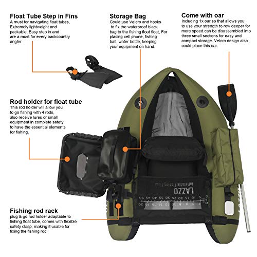 LAZZO Inflatable Fishing Float Tube with Hand Air Pump, Hold up to 286lb, Flotation Boat Includes Storage Pocket, Step in Fins,Inflate Seat & backrest, Rod Holder and Rack, Oar,Fish Ruler, Green - Thumbnail 2