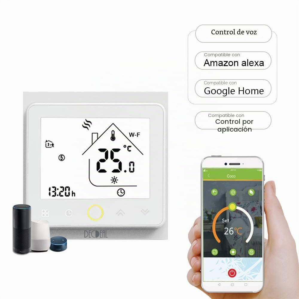 Decdeal Termostato WiFi para Caldera de Gas,Termostato programable Intellight, Compatible con App/Control por Voz, Compatible con Alexa/Google Home, 5A, GC-Blanco
