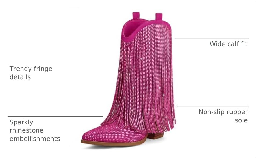 Image of Cowboy Boots for Women - Cowgirl Western Rhinestone Sparkly Fringe Chunky Heel Pointed Toe Mid Calf Boots