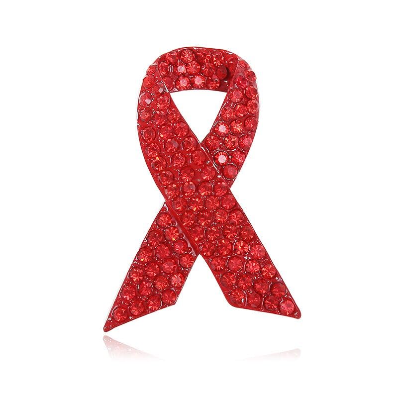 Image of Red Ribbon Awareness Brooch Rhinestone Crystal Statement Brooch Pins for Women