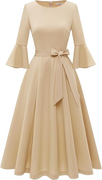 HomRain Womens Church Dresses Modest Bell Sleeve Wedding Guest Cocktail Tea Party Vintage Evening Dress