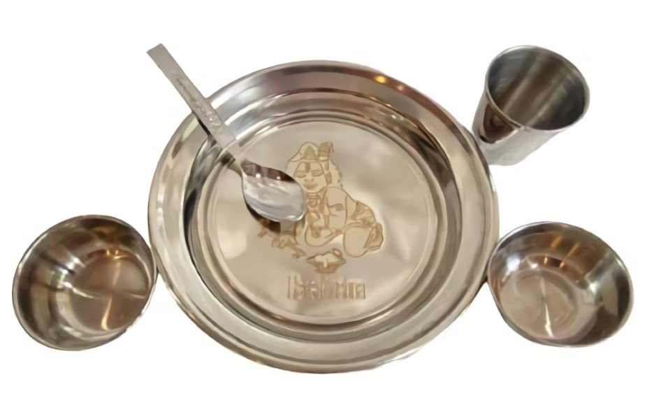 Image of Vrindavan Mandir Small Size Laddu Gopal Bhog Thali Set, Pooja Bhog, Diwali Thali, Kanchak Gift, Navratra Gift, Kids Food Thali, Thali-6 Inch, Glass-2 Inch, Spoon-4.5 Inch, Katori-1 Inch