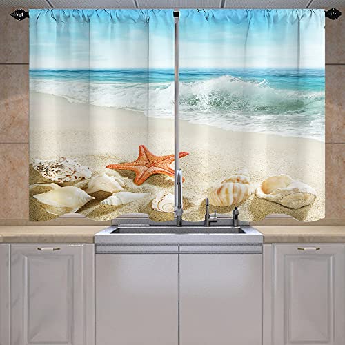 Tropical Beach Sea Save Starfish Shell Kitchen Curtains Rod Pocket Cafe Bathroom Small Window Curtain 2 Panels 27.5" W×39" L White, Blue #TOP1