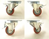 3" x 1-1/4" Swivel Casters Red Polyurethane Wheel with Total Lock Brake 265 lbs Each (4)