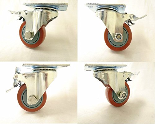 3" X 1-1/4" Swivel Casters Red Polyurethane Wheel With Total Lock Brake 265 Lbs Each (4) #TOP7