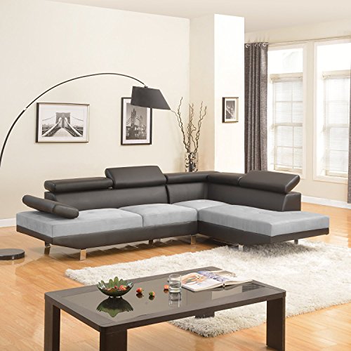 Divano Roma Furniture Modern Contemporary Designed Two Tone Microfiber and Bonded Leather Sectional Sofa, Large, Black/Grey
