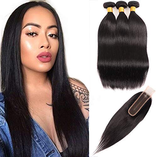 Huarisi 10a Virgin Straight Hair With Closure 2x6 Brazilian Straight Human Hair 3 Bundles and Closure Middle Part Silky Hair Weaves Double Weft 14 16 18 +12