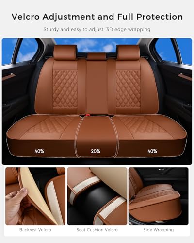 Image of Huidasource Brown Back Seat Covers Universal Fit for Most Cars SUVs Trucks Compatible with Seat Belts, Child Safety Seats, Rear Seat Covers Nappa Leather Velcro Adjustable Seat Covers (Back Row /Brown)