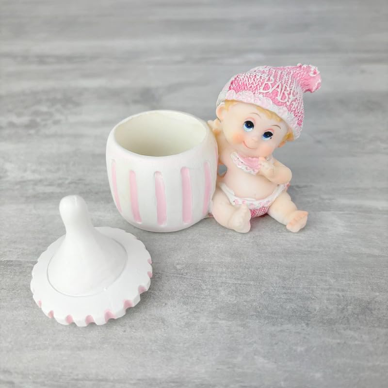 Lealoo Contenant à dragées, Figurine Bébé Fille Rose avec Son biberon, Boite en résine Hauteur 7,5 cm, baptême Baby Shower