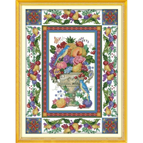 Image of JOYSEWING Totems Flower Stamped Cross Stitch Kits Adults Classic Series Counted Embroidery Starter for Beginners DIY Supplies Needlework Home Decor - (Gorgeous Fruit Bowl (11CT) 18.50 x24.02 inches)
