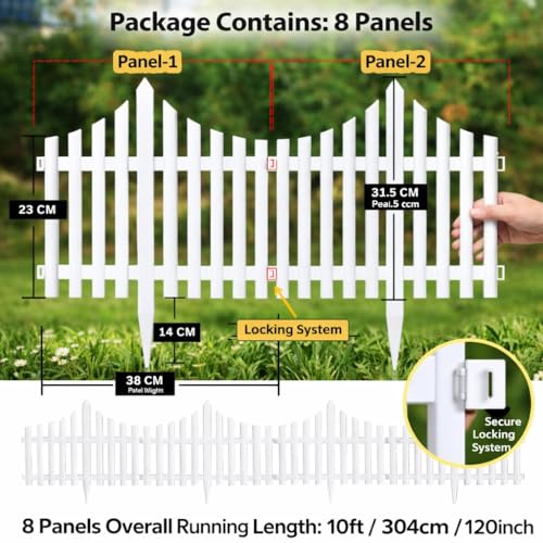 Image of Klick N Shop Garden Fence Border (8 Panels,10ft Length) Decorative White PVC Durable Plastic Picket Fence for Lawn & Flower Beds, Interlocking Outdoor Garden Edging, Weather-Resistant Border Fence