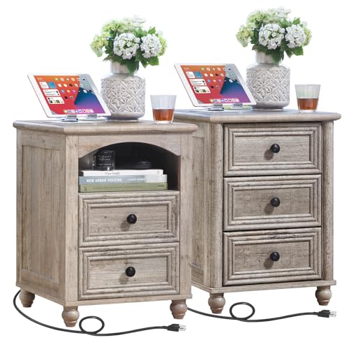 18" Farmhouse Night Stand Set 2 with Charger Station, Grey 2 & 3 Drawers Wood Nightstand, Bedside End Table with Storage and Roman Column, Bed Side Tables Cabinet for Bedroom, Living Room, and Closet