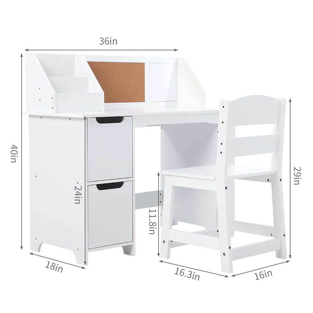 Ensemble Bureau Enfant + Chaise en Bois – Table d’étude avec étagère, placards de Rangement et Tableau d’Affichage – pour écriture & devoirs, 3-8 Ans – Blanc