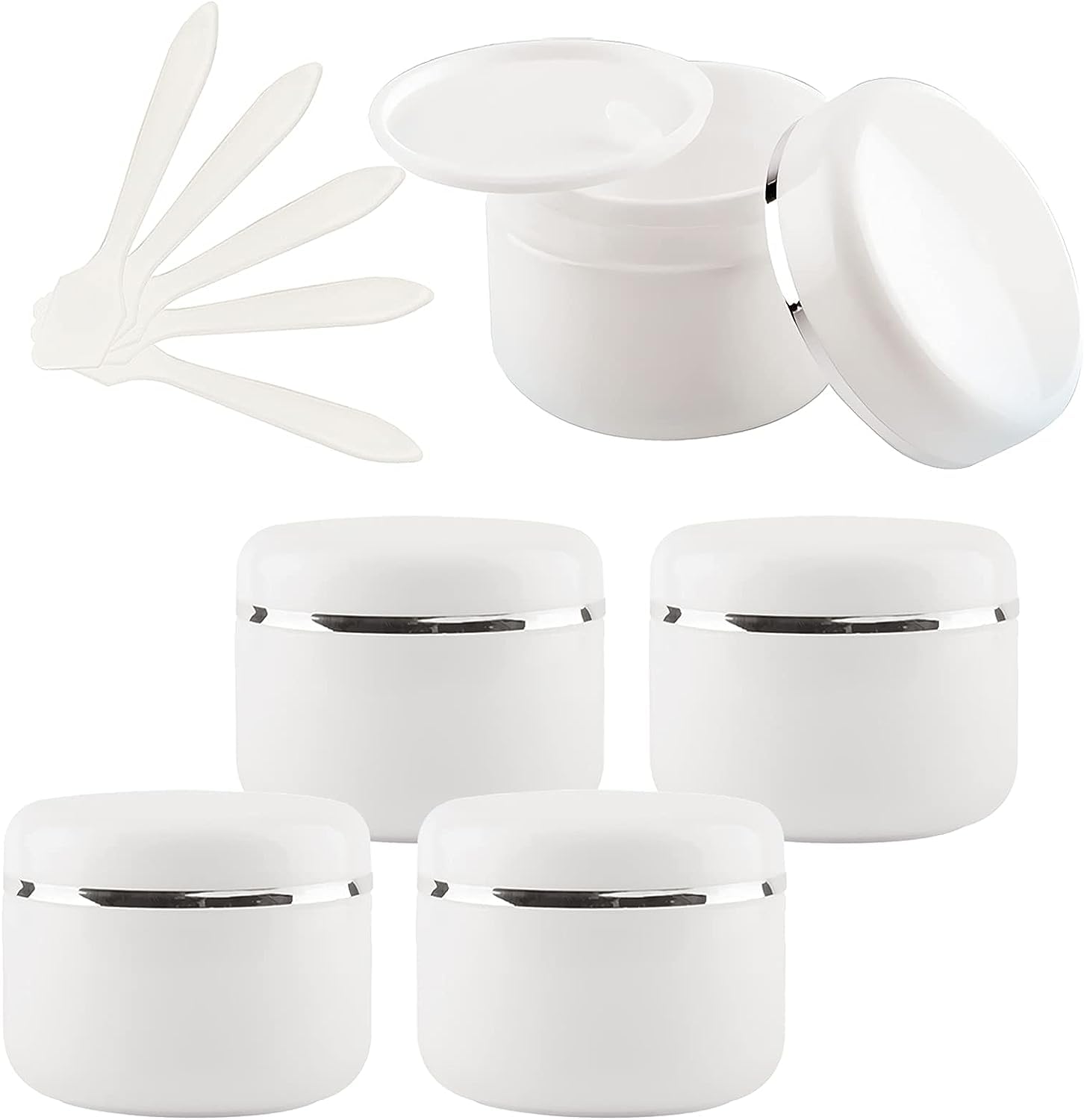 FLYIODFCXV cosmetic jar, 5 PC with Screw Lid with Silver Ribbon Small Storage Pot Containers for Homemade Salve, 5X Spatula(50ml)