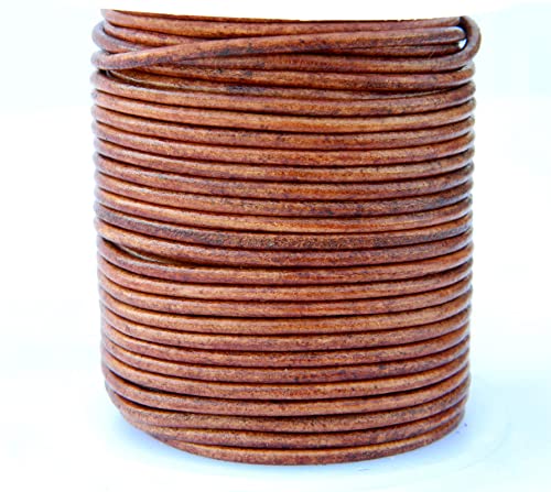 Round Leather Cord 2mm String, 27 Yards Rope for Jewelry Making, Bracelets, Necklaces, Kumihimo Braiding, Wraps, Crafts, Hobby, and DIY Projects - Distressed Tan Brown