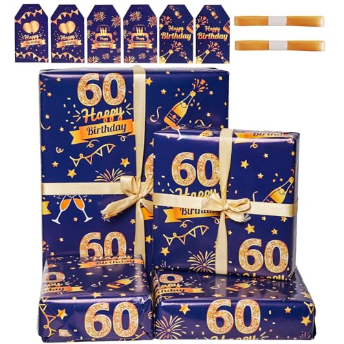 60th Birthday Wrapping Paper Set with Tags Ribbons 6 Sheets 70x50cm Happy Birthday Wrapping Paper Blue Gold Gift Wrap Paper for Men Him Gift Decorations Recyclable (60th)