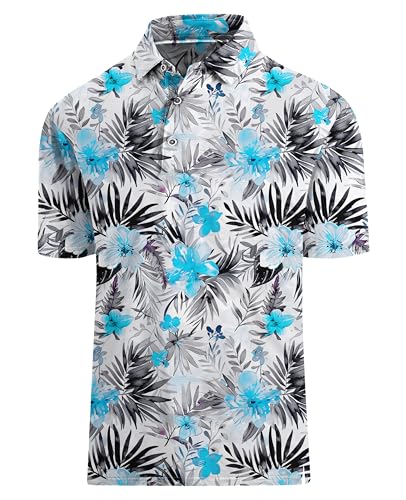 Hodaweisolp Golf Shirts for Men Dry Fit Print Moisture Wicking Performance Short Sleeve Polo Shirt Flower Leaf-XXXL