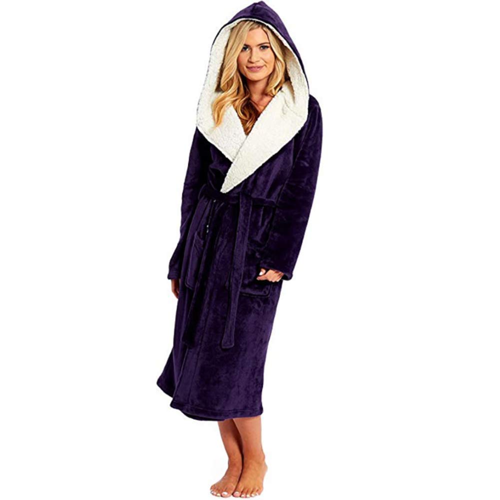 CFWSHJ Albornoz Largo con Capucha y Cremallera para Mujer, Batas de Lana de Franela, camisón cálido de Invierno, Pijamas, Ropa de Dormir cálida, Bolsillo Largo