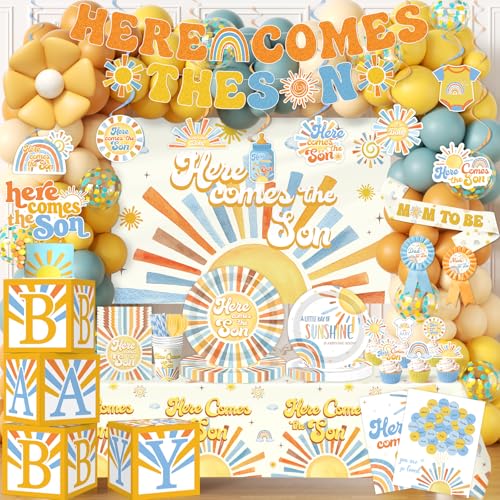Here Comes the Son Baby Shower Decor for Boy All-in-1 Boho Retro Sunshine Baby Shower Decorations with Balloon Arch Baby Boxes Rainbow Plates Napkins Cake Topper Tablecloth Backdrop Its A Boy Decor