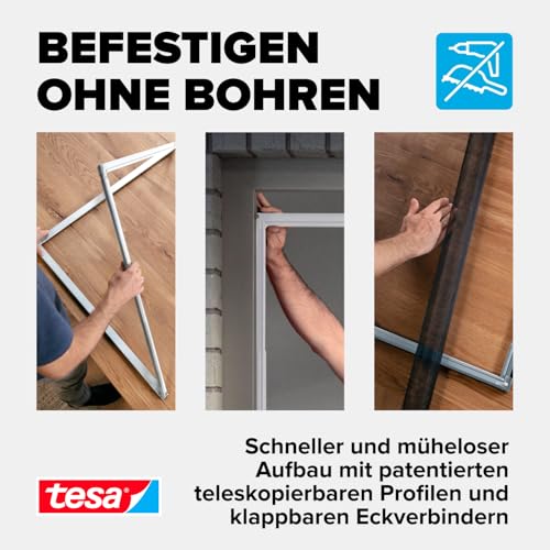 tesa Insect Stop FALT Fenster - Faltbarer Alu-Rahmen - Fliegengitter mit verstellbarem Teleskoprahmen – Rahmen in Weiß - 80 cm x 80 cm bis 140 cm x 140 cm