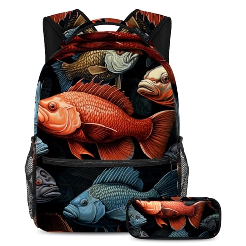Cartable grande capacité poisson rouge sac à dos étudiant ados avec trousse