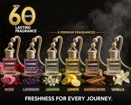 Image of 10 ML Pack of 6 Premium Rose Lavender Jasmine Lemon Sandalwood & Vanilla Car Perfume Luxury Air Freshener /Natural Fragrance Oils in Glass Bottle with Wooden Diffuser Lid /Last Upto 60 Days