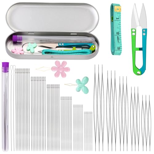Doxiru 86-teiliges Perlennadel-Set, 18-teilige Nadeln mit großem Öhr, 60-teilige lange gerade Nadeln, Scheren-Fingerhut-Perlennadel-Set zur Schmuckherstellung