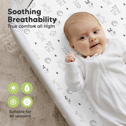 Image of 2-Pack Organic Bassinet Sheets for Girls, Boys - 100% Cotton Bassinet Mattress Sheets Compatible with Halo Bassinest Swivel Sleeper, Graco, Baby Delight, Chicco, Fitted Bassinet Sheets (Woodland)