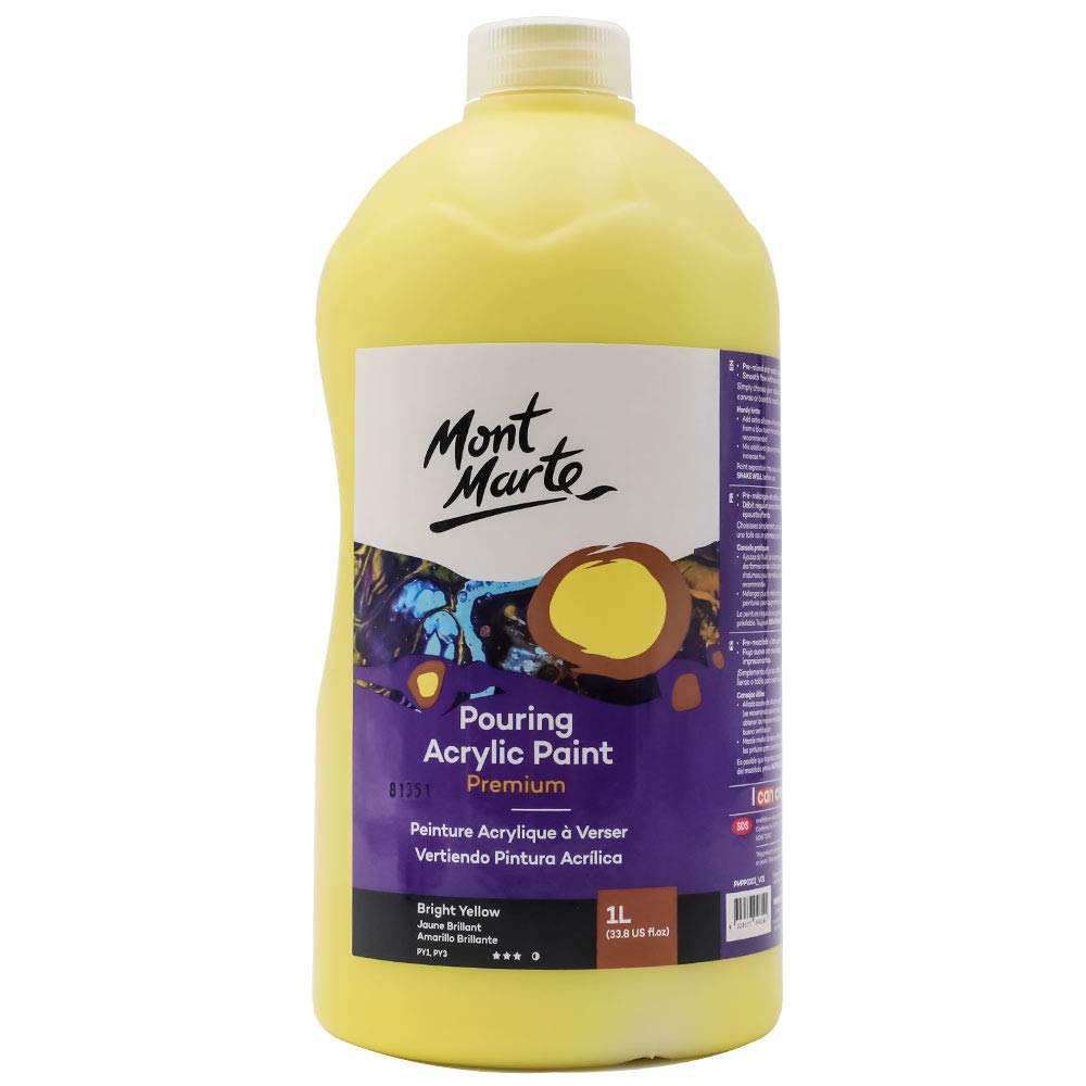 Mont Marte Premium Pouring Acrylic Paint, 1L (33.8oz), Bright Yellow, Pre-Mixed Acrylic Paint, Suitable for a Variety of Surfaces Including Stretched Canvas, Wood, MDF and Air Drying Clay.