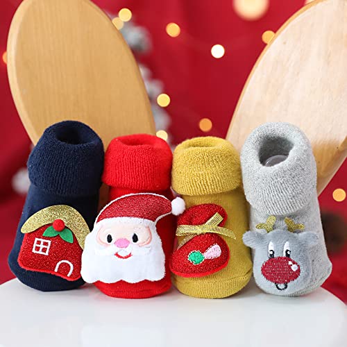 Baby Weihnachtssocken Winter Dicke Frottee Socken Cartoon Weihnachtsmann Elch rutschfeste Bodensocken, um Kinder warm zu halten(Color:red;Size:0-1Years)