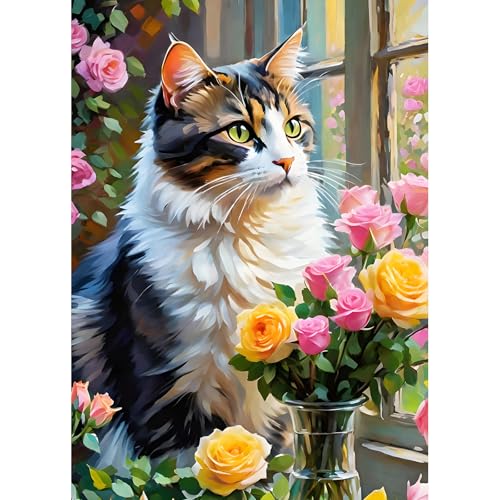 DPHERO 5D Chat Calicot Diamond Painting Kits, DIY Fenêtre Art du Diamant Painting Kit Complet, Fleurs Colorées Kits de Peinture sur Diamant Point de Croix...